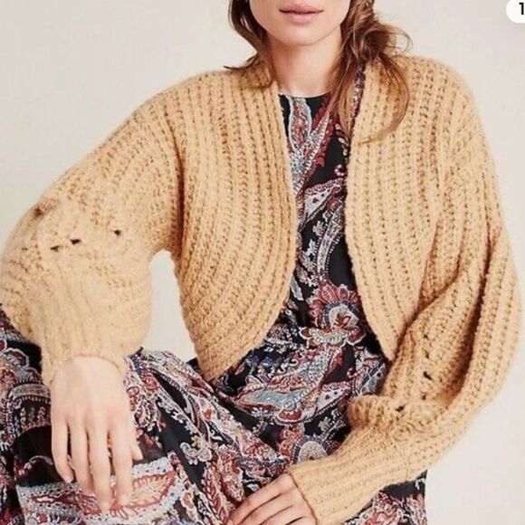 NWT Anthropologie Chunky Knit Cropped Tan Plush Sweater size Small - Picture 1 of 12